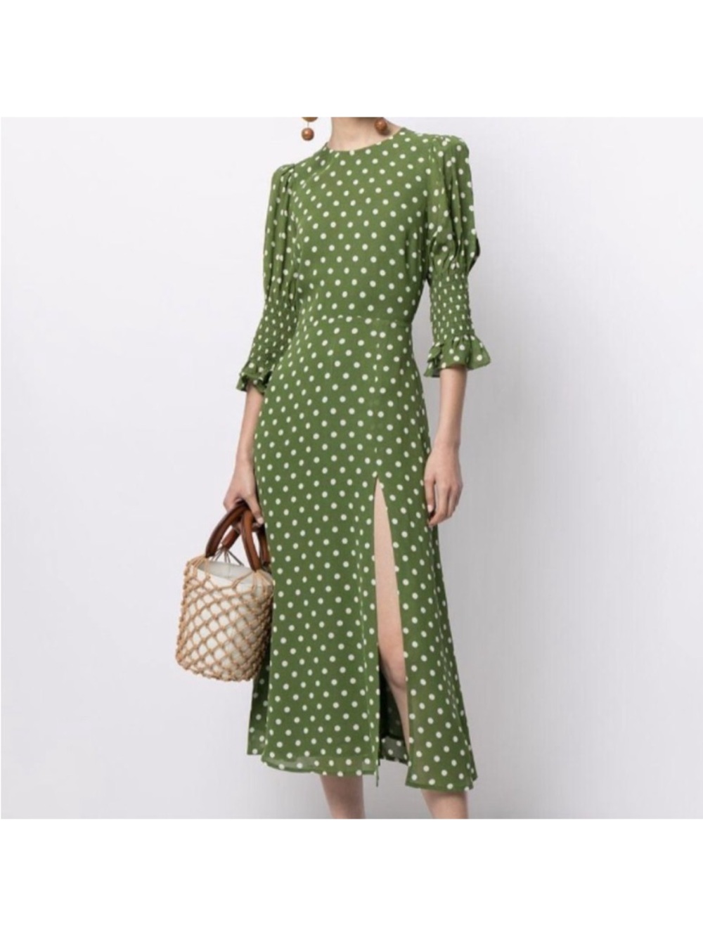 Reformation Olive Green Polka Dot Midi Dress with Side Slit